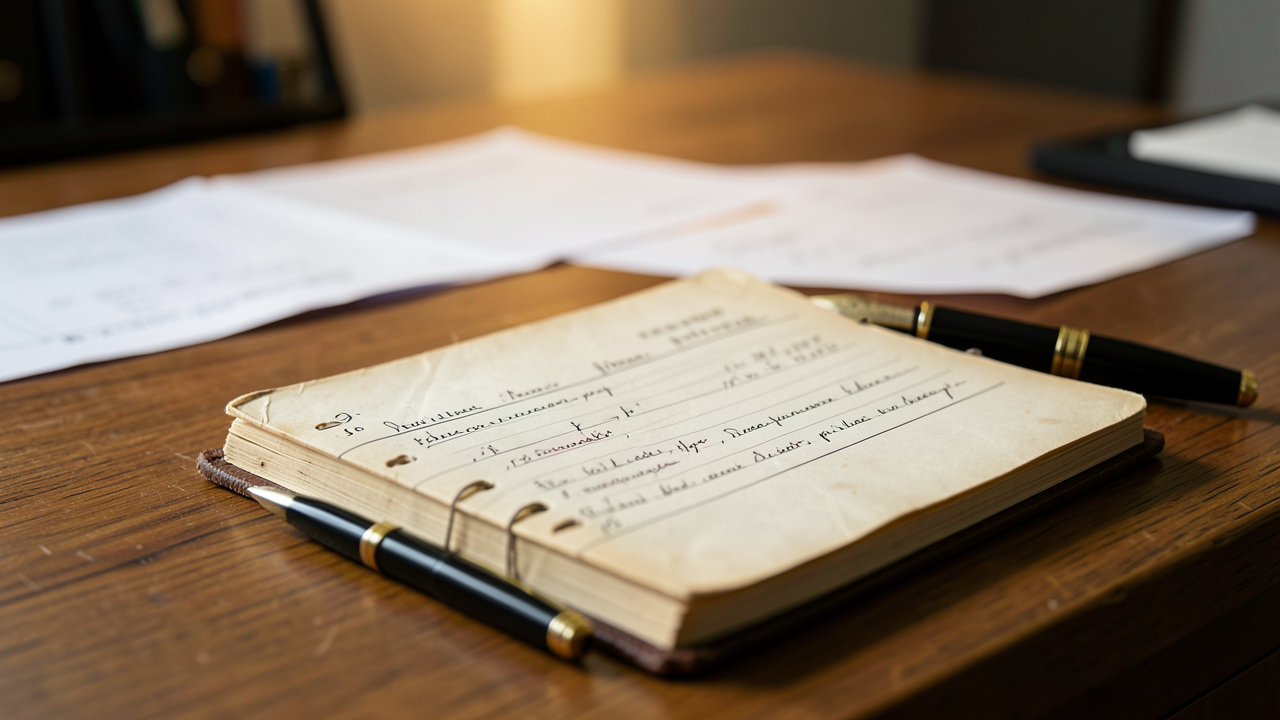 A close-up of a ledger book on a wooden desk with a fountain pen and an accounting stamp, with office papers blurred in the background under warm natural lighting.